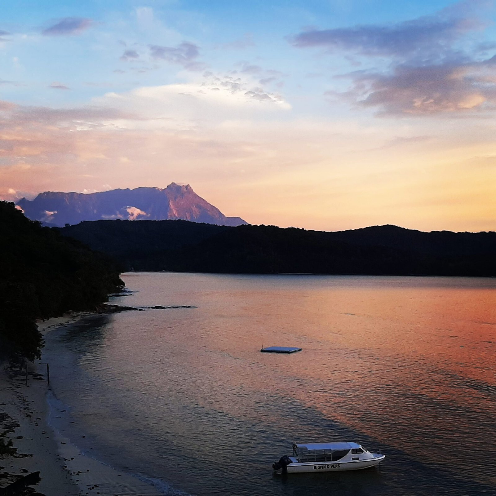 View of ocean and Mount Kinabalu from Bigfin beach resort Kota Belud