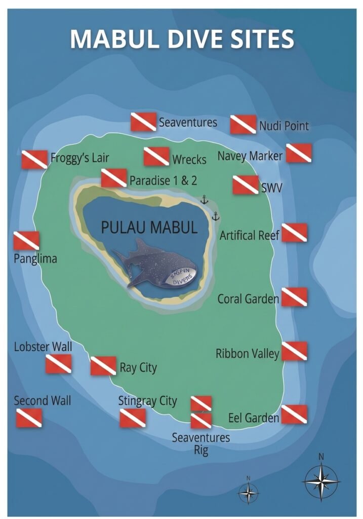 Map of dve sites to discover when diving Mabul