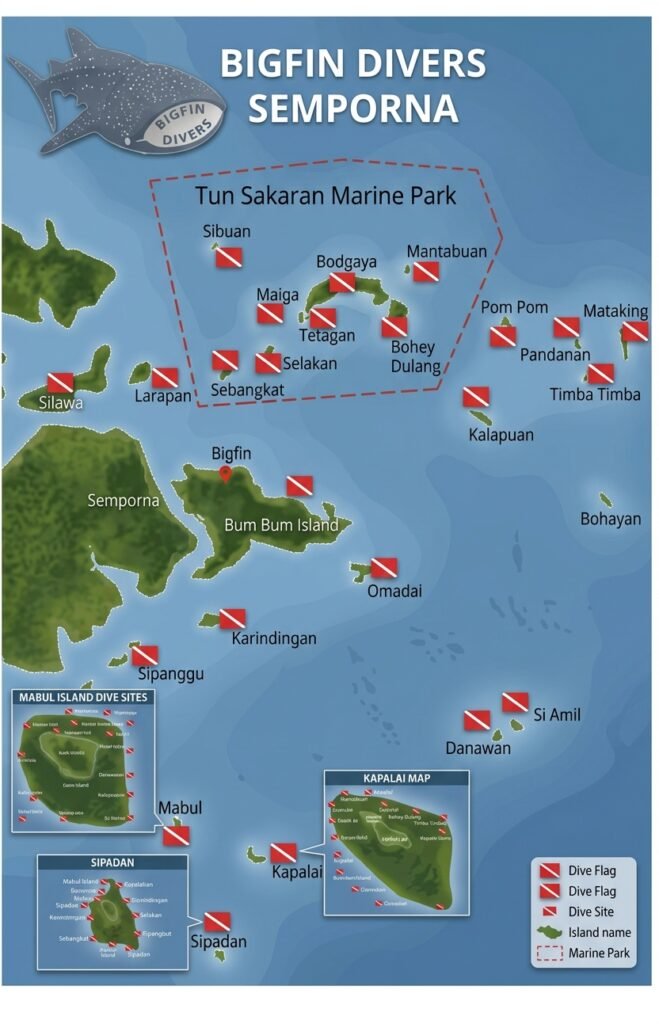 BIGFIN DIVERS Dive site map Semporna Islands; diving Mabul, Kapalai, Mataking, Si Amil, Tun Sakaran marine park, Sipadan Island.